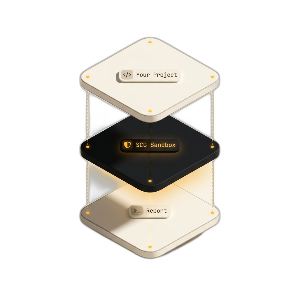 Three floating plates: your project, scguard sandbox in the middle with a golden glow, and the report plate at the bottom, connected by dotted golden lines.